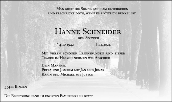 Traueranzeige von Hanne Schneider von Allgemeine Zeitung Bingen/Ingelheim