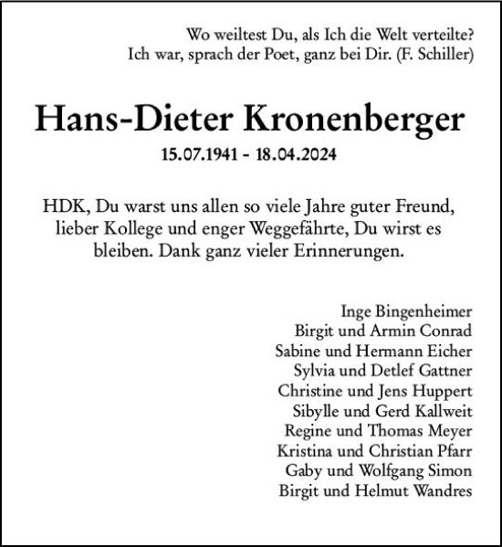 Traueranzeige von Hans-Dieter Kronenberger von Allgemeine Zeitung Mainz