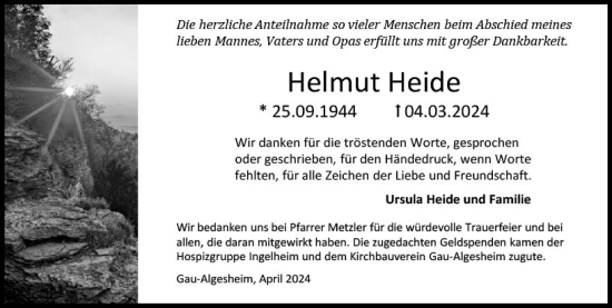Traueranzeige von Helmut Heide von Allgemeine Zeitung Bingen/Ingelheim