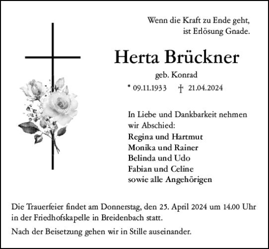 Traueranzeige von Herta Brückner von Hinterländer Anzeiger