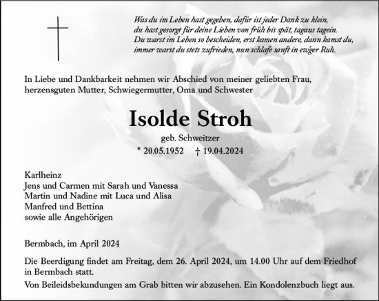 Traueranzeige von Isolde Stroh von Weilburger Tageblatt