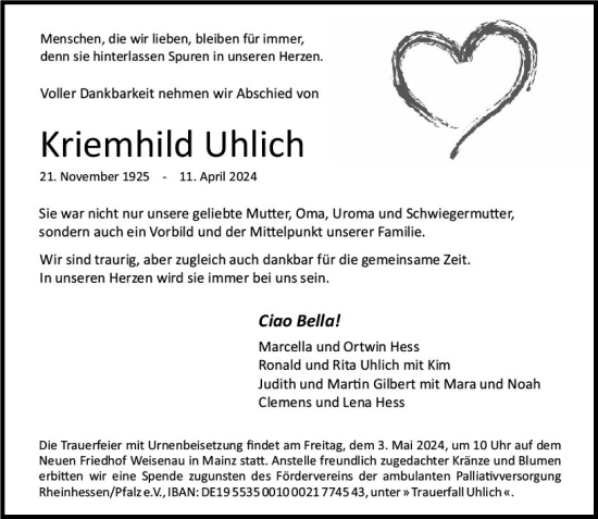Traueranzeige von Kriemhild Uhlich von Allgemeine Zeitung Mainz