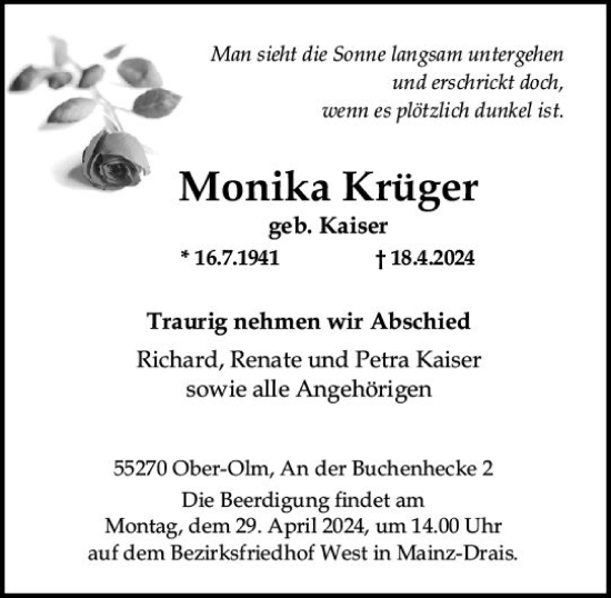Traueranzeige von Monika Krüger von Allgemeine Zeitung Mainz