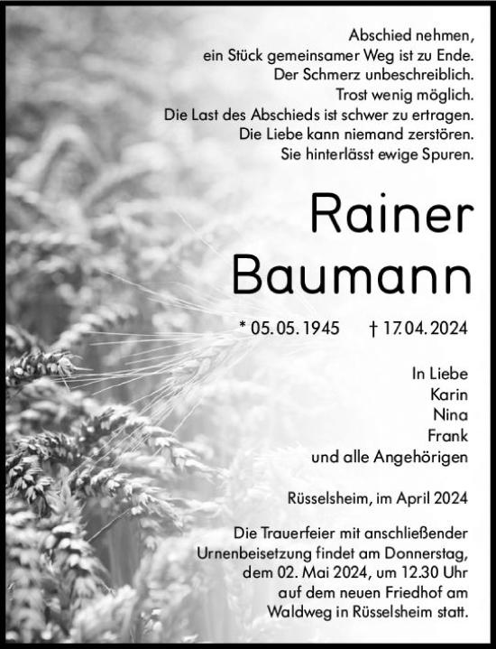 Traueranzeige von Rainer Baumann von Rüsselsheimer Echo