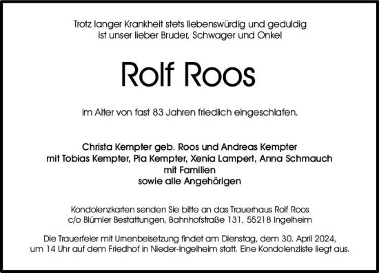 Traueranzeige von Rolf Roos von Allgemeine Zeitung Bingen/Ingelheim