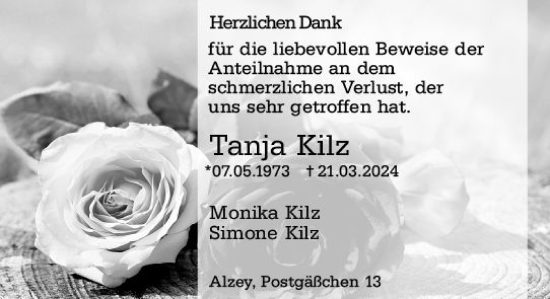 Traueranzeige von Tanja Kilz von Alzeyer Wochenblatt