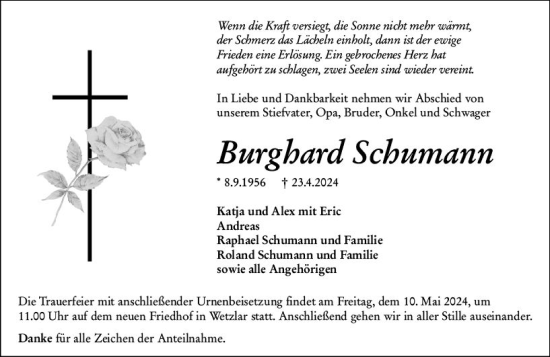 Traueranzeige von Burghard Schumann von Wetzlarer Neue Zeitung