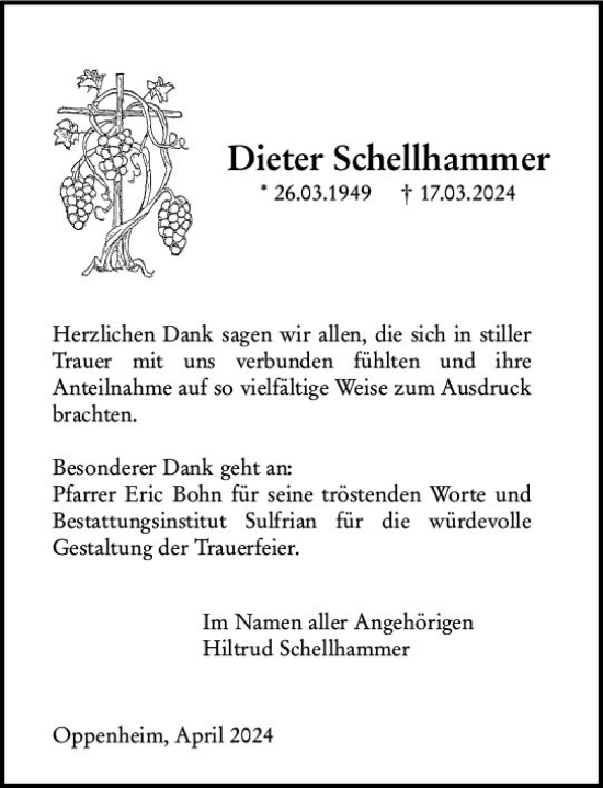 Traueranzeige von Dieter Schellhammer von Allgemeine Zeitung Mainz