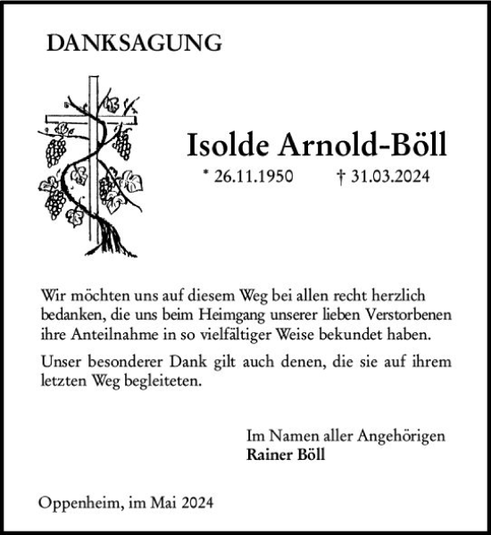Traueranzeige von Isolde Arnold-Böll von Allgemeine Zeitung Mainz